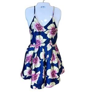 DEPRI Blue Pink Floral Mini Dress Crisscross Spaghetti Straps Sz S/M